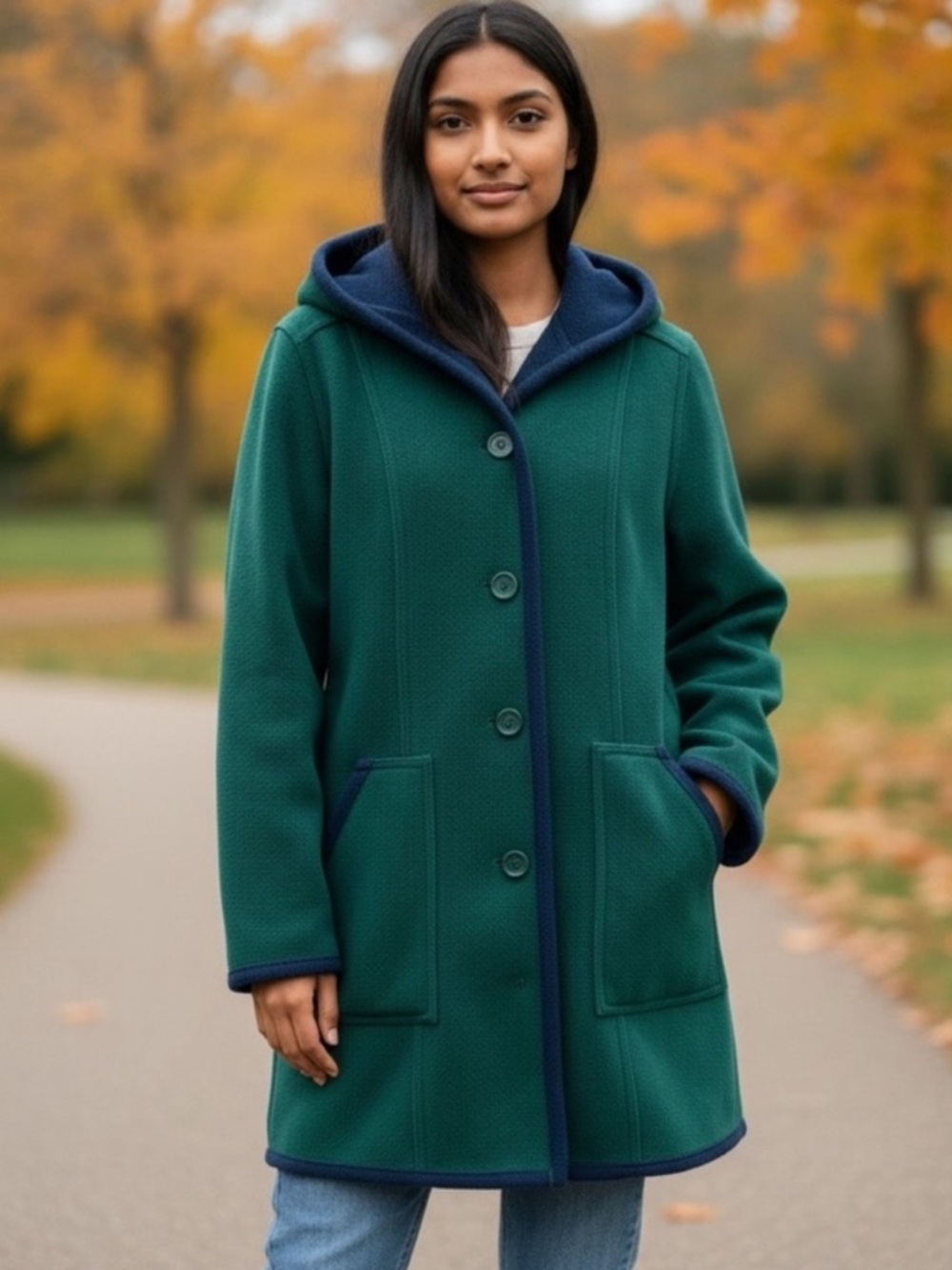 Green with Blue Casual Car-Coat, Blanket Coat Very Good Condition  size XS-SM